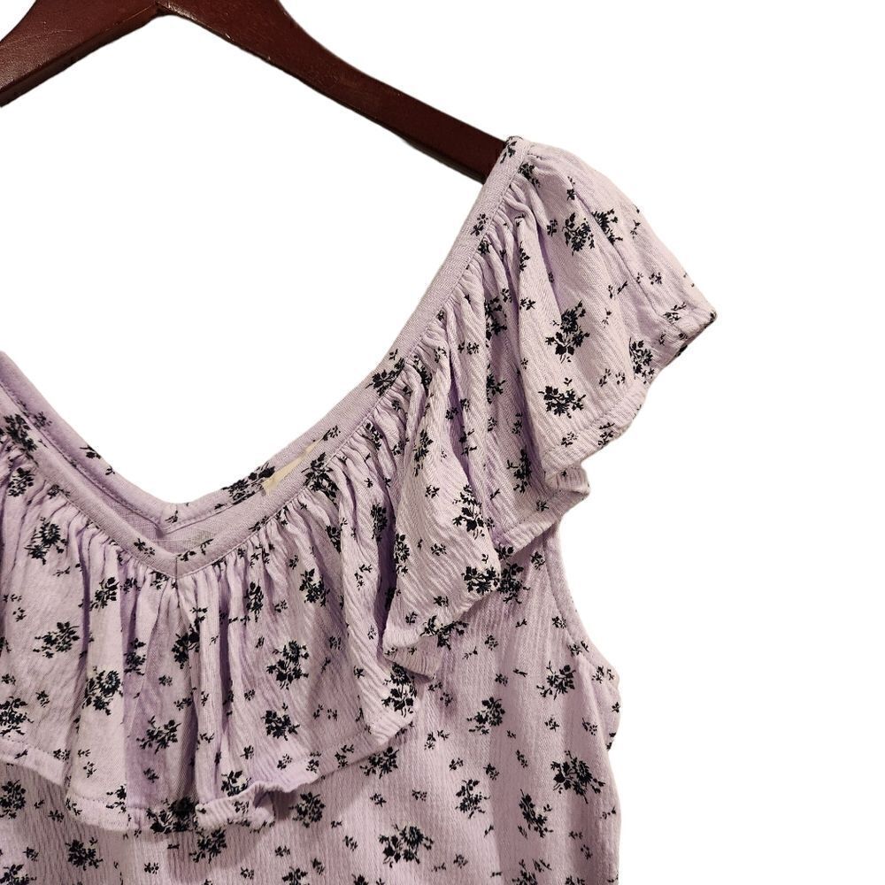 LOFT Purple Floral Top Ruffle Top Medium Petite Sleeveless - Picture 4 of 6